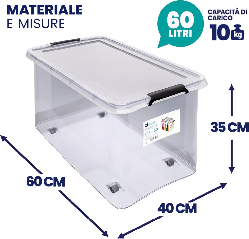 ® 4X 60L Scatole in Plastica Trasparente Senza BPA Contenitori con Coperchio Impilabili Ruote Cassette Salvaspazio
