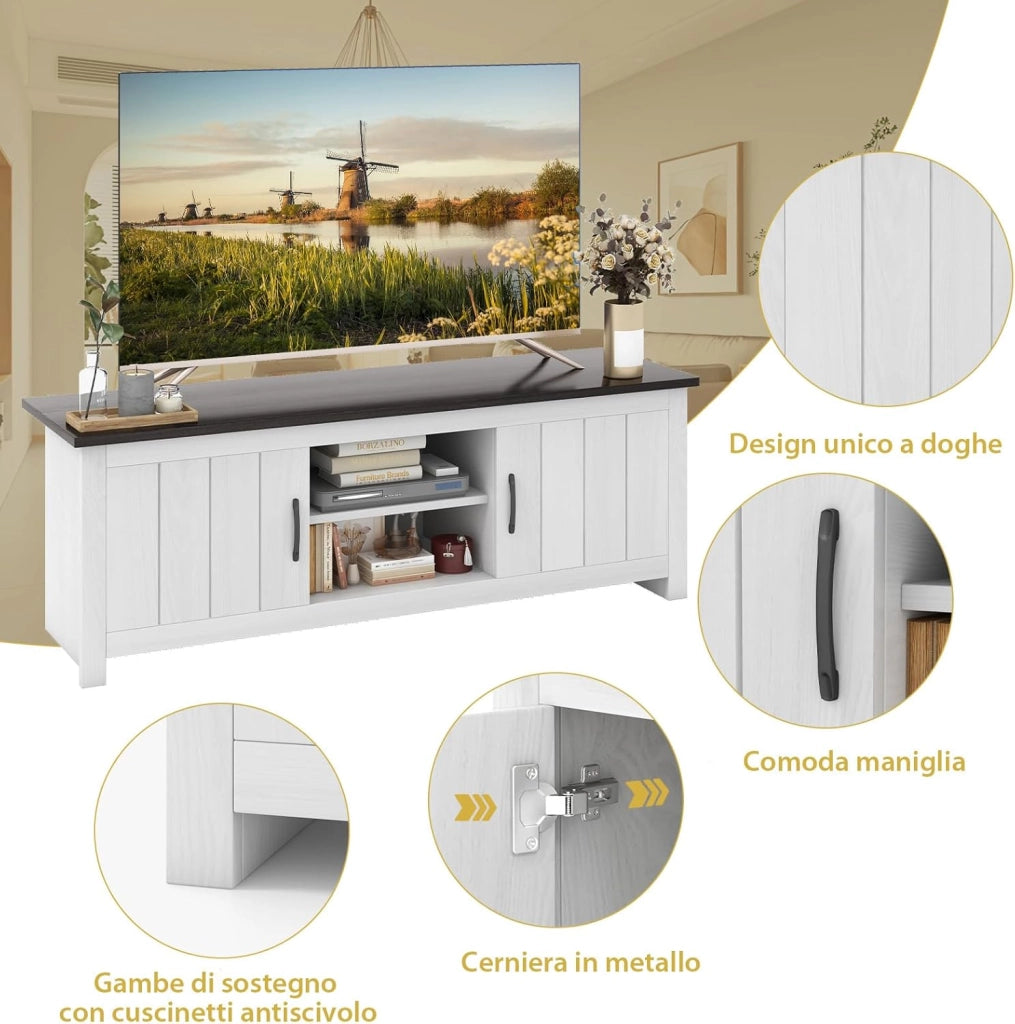 Mobile TV con 2 Ante per TV fino a 65", Mobile Porta TV in Legno con Ripiani Aperti, Mobile per TV in Legno per Soggiorno, 145 x 39,5 x 49,5 cm (Grigio Scuro)
