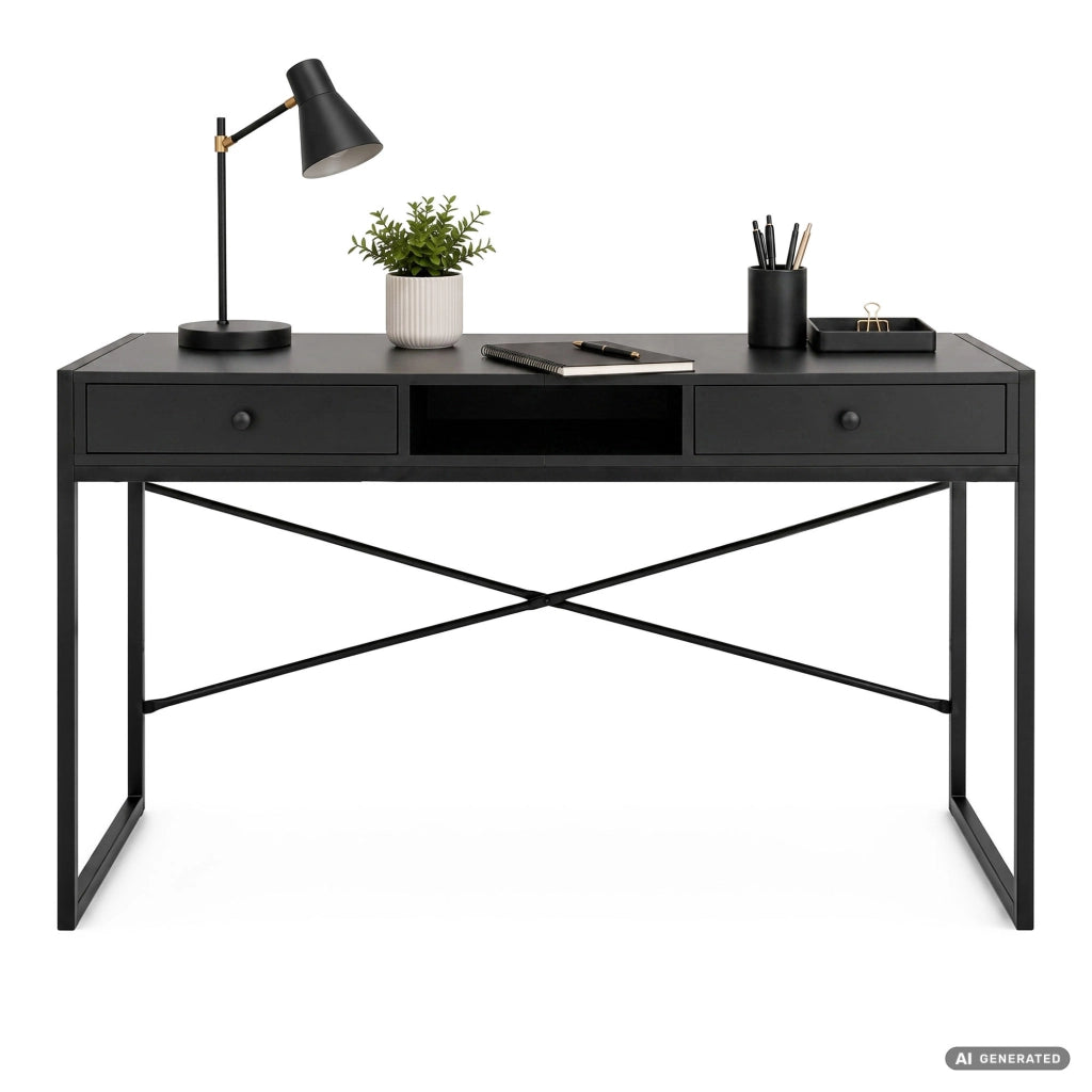 Scrivania industriale per computer Nera ELONIS 123 cm 2 cassetti 1 ripiano gambe nere