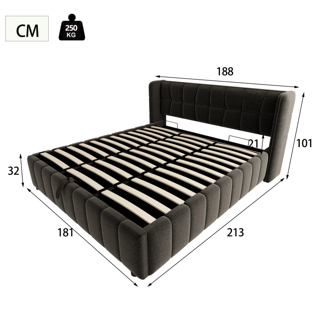 Letto contenitore imbottito 180x200 cm con rete a doghe e testiera grigio