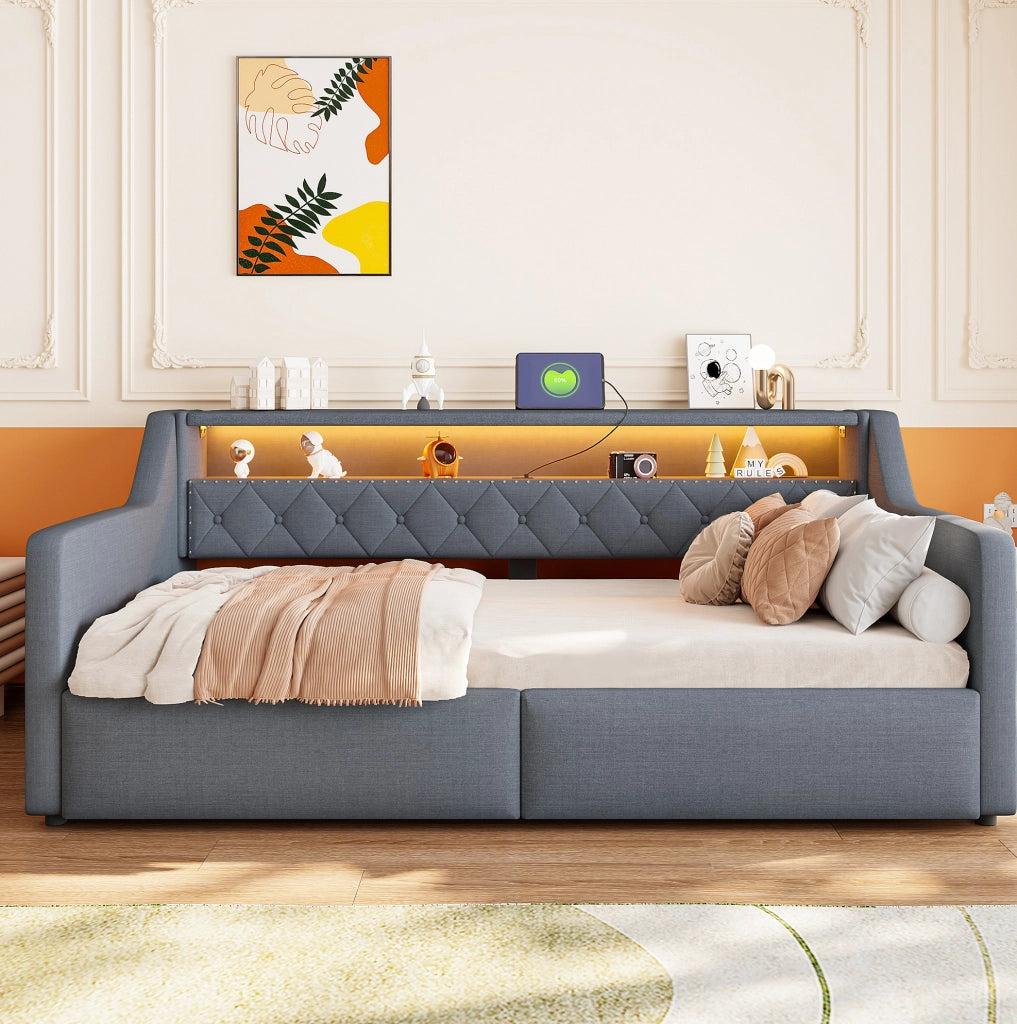 Daybed 90 x 200 cm con illuminazione LED; spazio contenitore idraulico; lino e MDF grigio