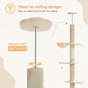 Cat Tower per gatti - da pavimento a soffitto - altezza regolabile - 216-273 cm - area di gioco per gatti - lettino per gatti - gattoletto - beige