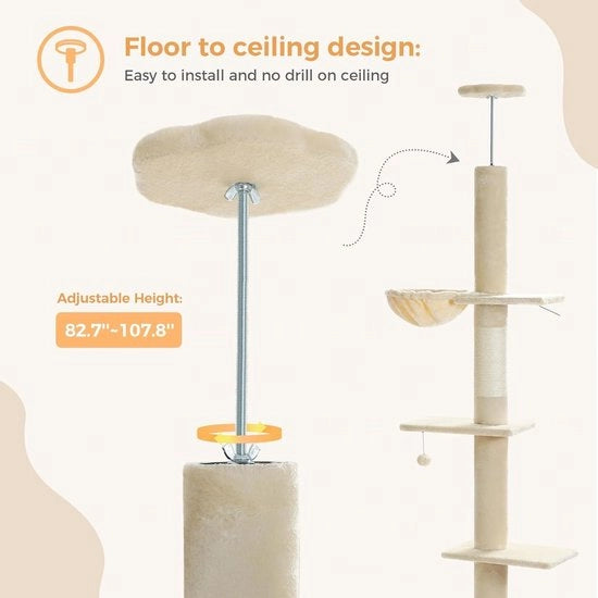 Cat Tower per gatti - da pavimento a soffitto - altezza regolabile - 216-273 cm - area di gioco per gatti - lettino per gatti - gattoletto - beige
