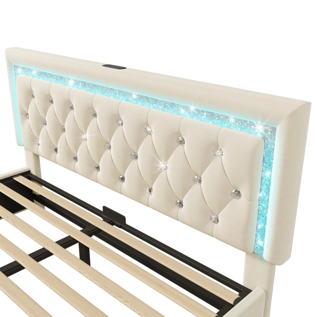 Letto matrimoniale 140x200 cm in velluto beige con LED; porta USB Type-C; contenitore e materasso