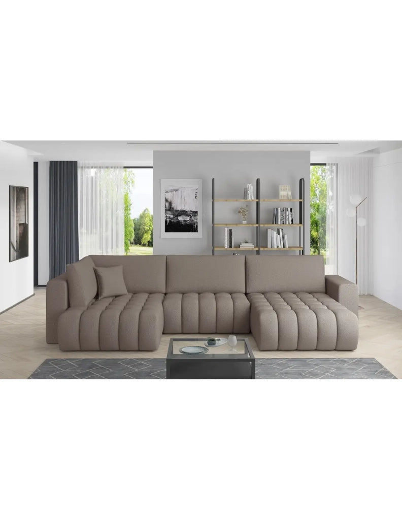 Divano ad angolo BONITA convertibile 6 posti beige scuro tessuto – destro – 350x175cm