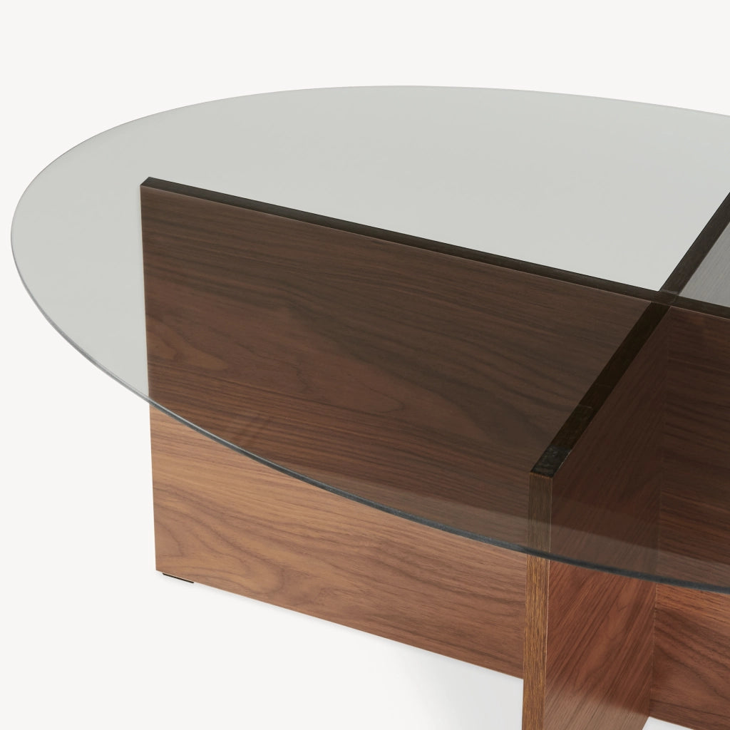 Tavolino da Caffè Viroya con Piano Ovale in Vetro Fumé 100 x 60 x 36 cm Effetto Noce/Grigio [en.casa]