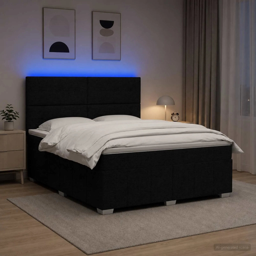 Letto Box Spring LED con Materasso Nero 160 x 200 cm Tessuto 3455642