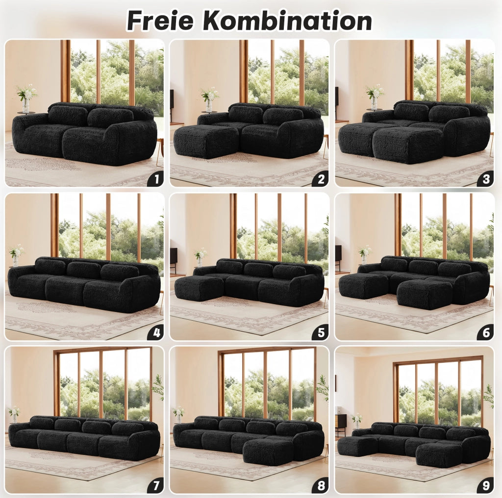 Divano angolare modulare in peluche nero; 204 × 179 × 73 cm