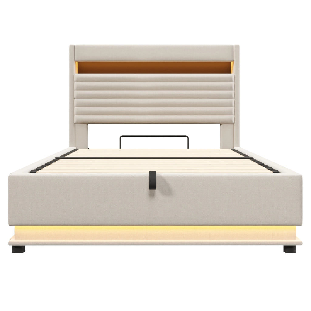 Letto imbottito 140x200 in lino beige; contenitore con sollevamento idraulico; LED; USB e USB-C