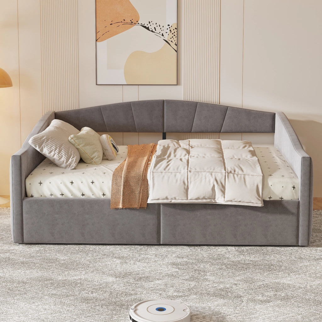 Letto imbottito / divano letto con sollevamento idraulico, contenitore salvaspazio, rete a doghe, tessuto in velluto grigio, 140x200 cm