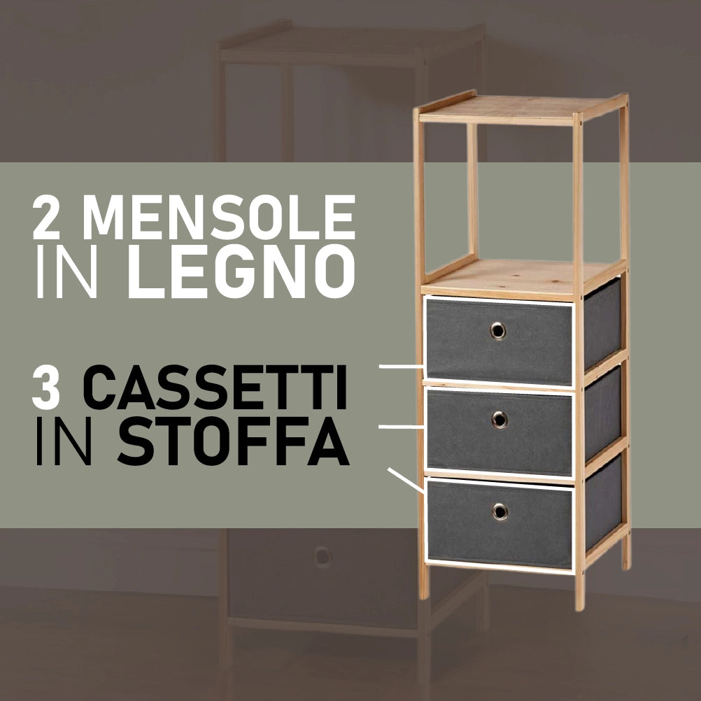 Mobile Cassettiera 2Mensole 3Cassetti Legno Naturale e Stoffa Grigio 32 x 26 H 89cm