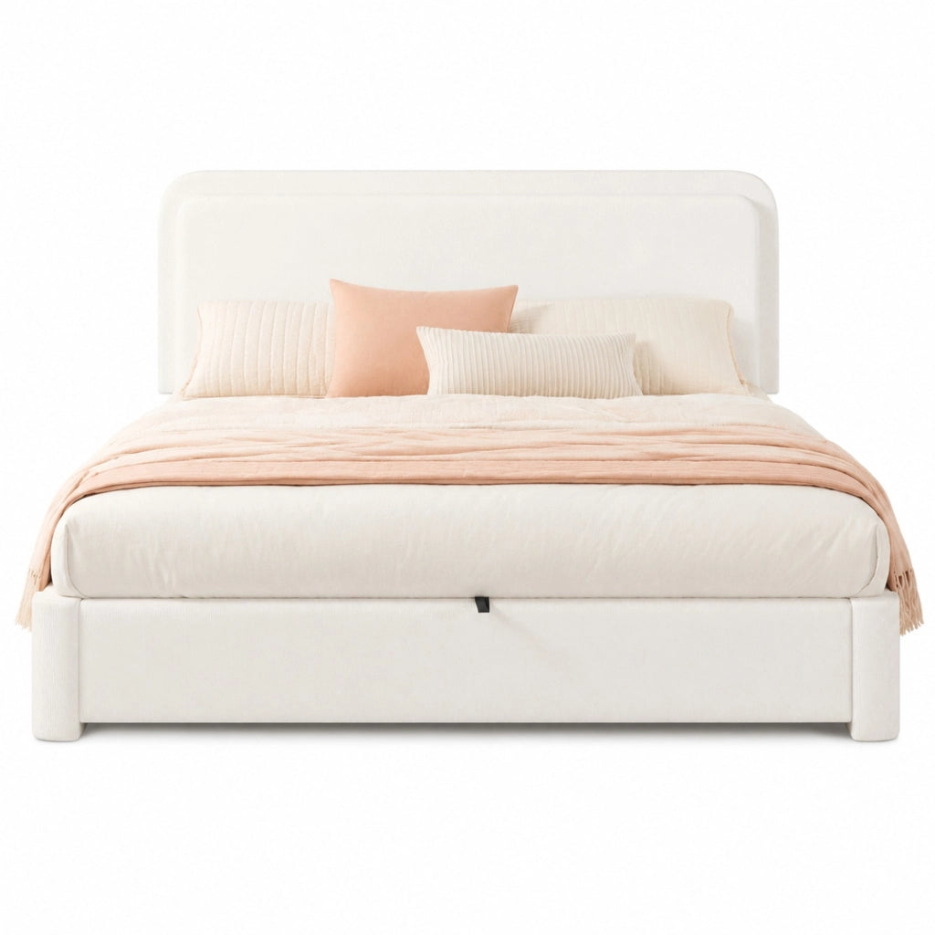 Letto matrimoniale imbottito 160x200 cm con rete a doghe, contenitore idraulico, testiera regolabile e rivestimento Bouclé bianco