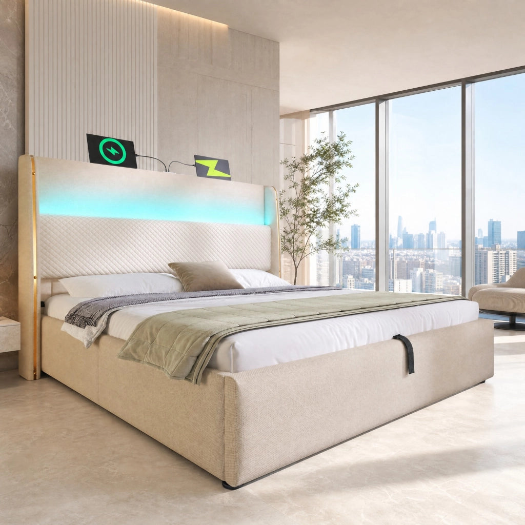 Letto matrimoniale con contenitore 140x200 cm, testiera alta, LED e porte USB/Type-C, beige