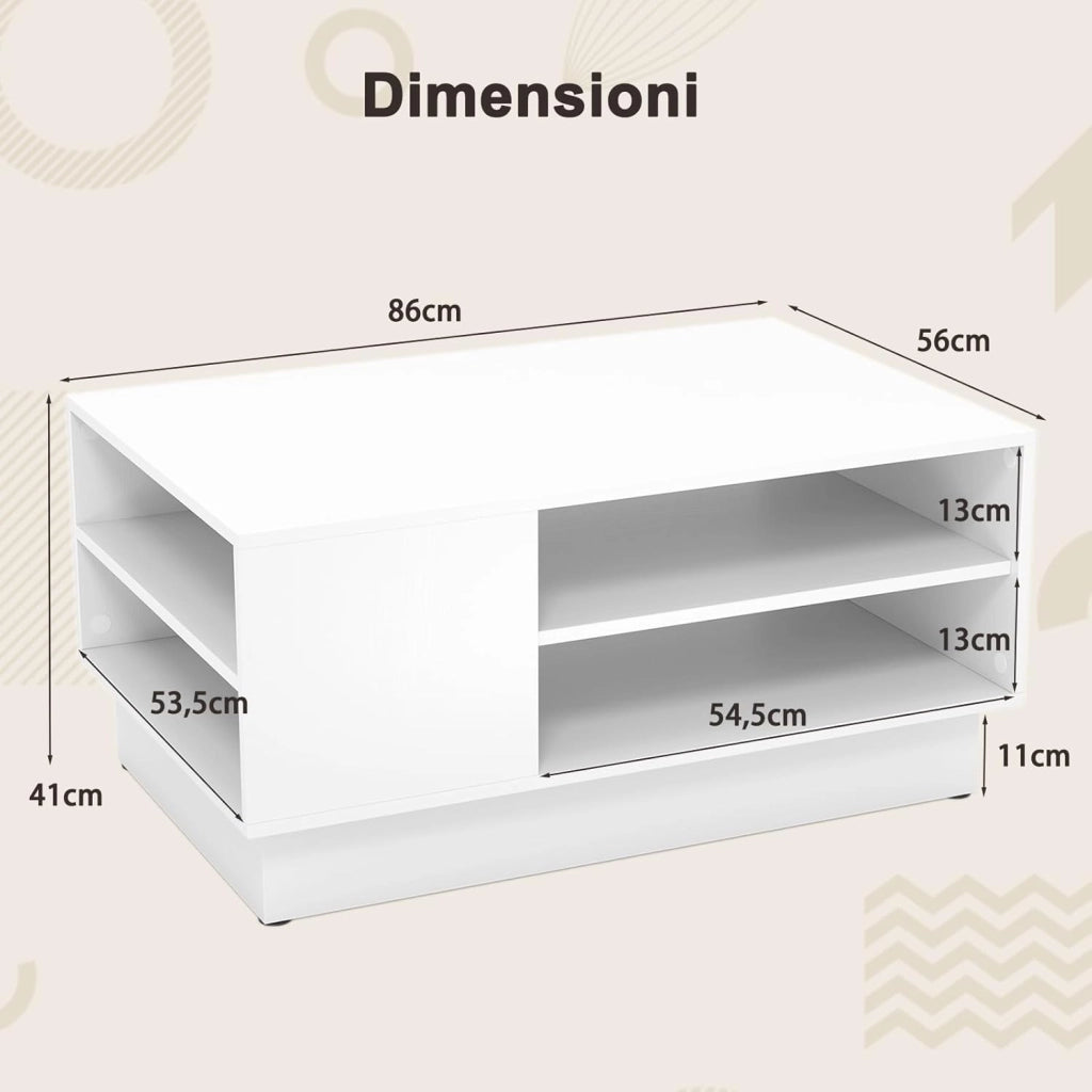 Tavolino da Salotto Rettangolare Design Moderno, Tavolino da Caffè con 2 Ripiani Inferiori Portaoggetti, Tavolino Basso da Divano per Soggiorno, 86 x 56 x 41 cm (Bianco)
