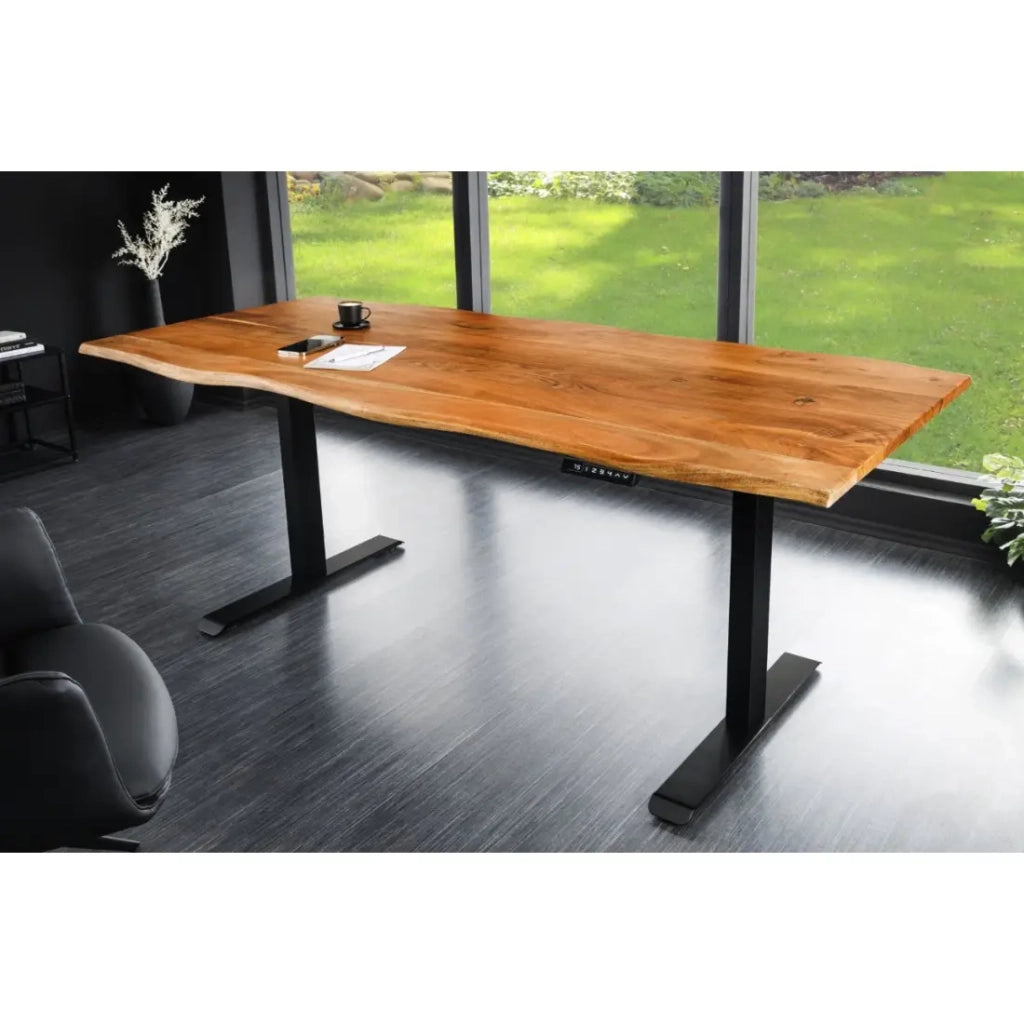 Scrivania elettrica di alta gamma ARKAYA 120 cm in legno massiccio di acacia con bordo naturale - Regolabile in altezza
