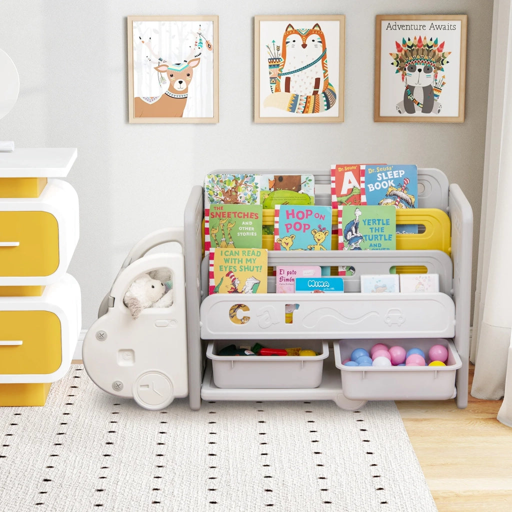 Mobile Portagiochi e Libreria per Bambini a Forma di Auto con 2 Scatole e 3 Ripiani Facile da Montare Altezza 63,5 cm