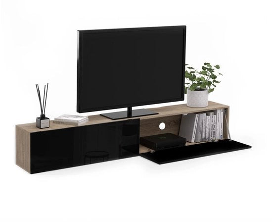 Supporto TV Sospeso 180 cm – TV Stante con 2 Porte – Design in Legno Nero – Moderno Comodino TV – Adatto per TV da 70 pollici – 180 x 30 x 30 cm