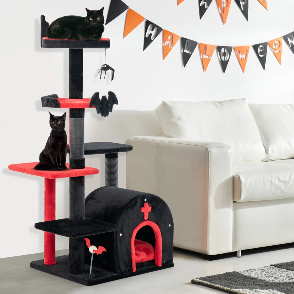 Tiragraffi con letto per gatti condominio ad arco di attivit¨¤ per gatti a 6 livelli-Albero per gatti gotico per gatti di halloween Nero e rosso