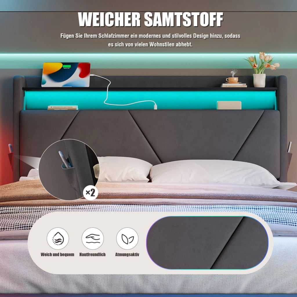 OKWISH Letto Contenitore 160×200 cm, Letto Matrimoniale con LED, USB, Tipo C, Ripiani e Tasche Laterali, senza Materasso, in Velluto, Grigio Scuro