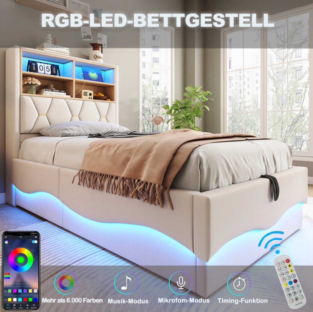 Letto multifunzione per bambini 90x200 cm beige con LED e USB