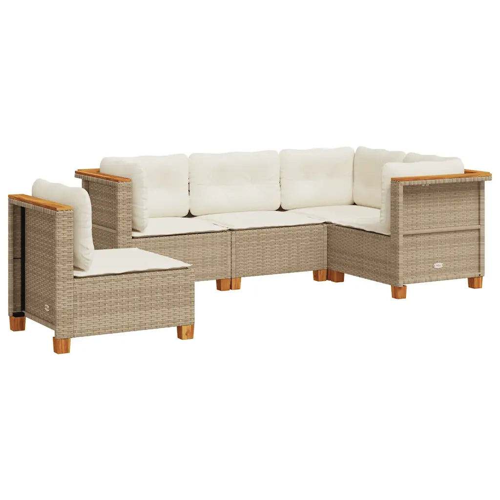 Set Divano da Giardino 5 pz | Set Salotto da Giardino con Cuscini Beige in Polyrattan