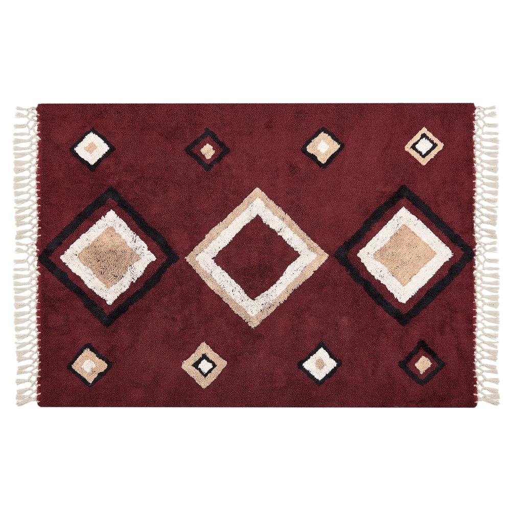 Tappeto in cotone con nappe e motivo a diamante rosso 140 x 200 cm soggiorno camera da letto