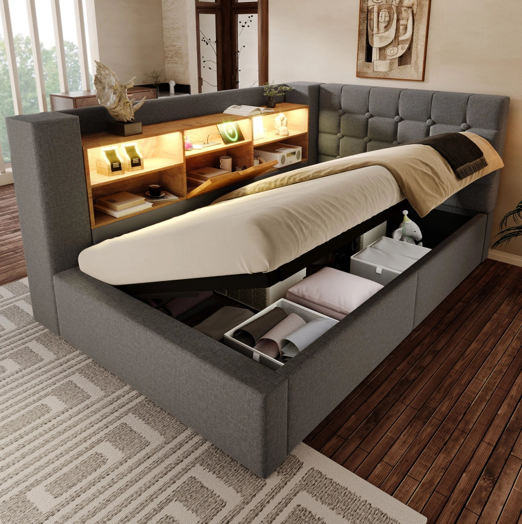 Letto singolo imbottito 90x200 cm con LED; vano contenitore idraulico; USB; lino grigio