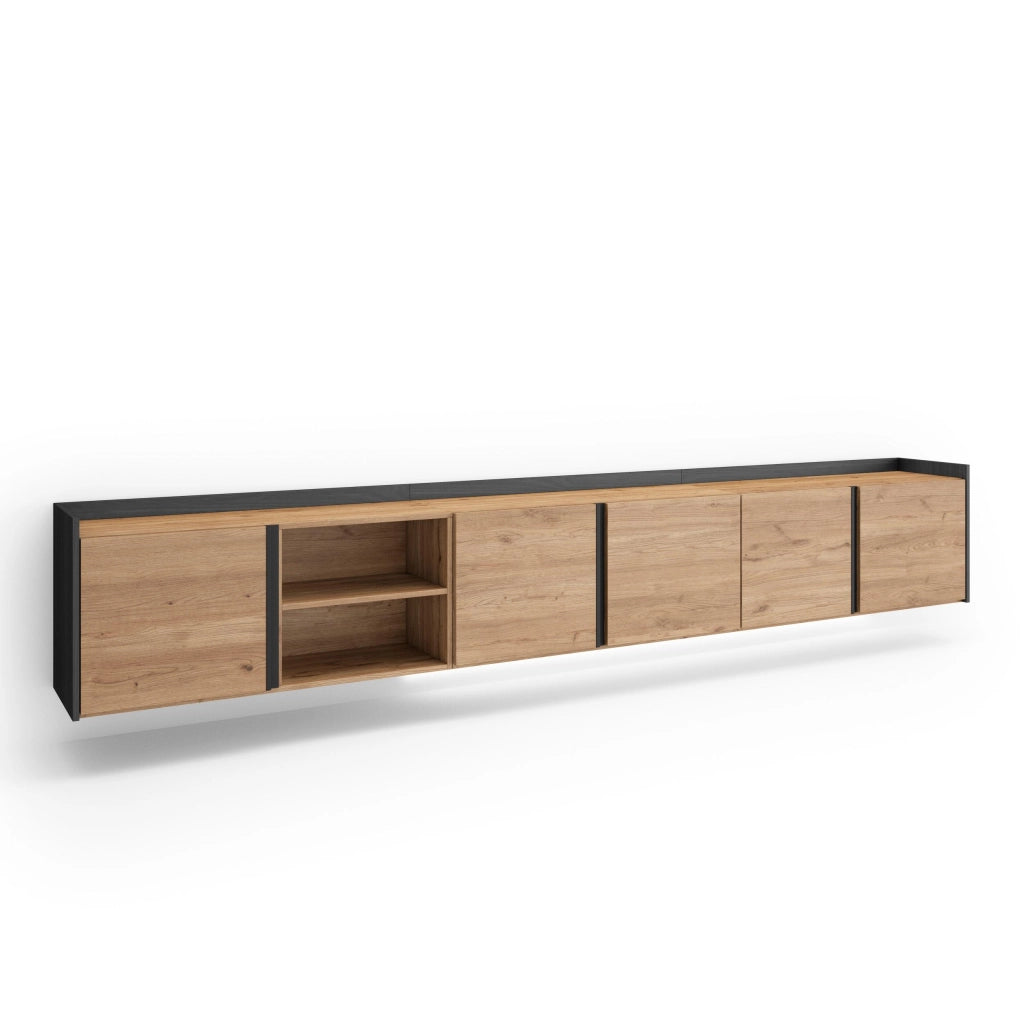 Mobile TV Soggiorno, 309x50x35 cm, Per TV fino a 80", Sospeso, da appendere, LED, Rovere e nero