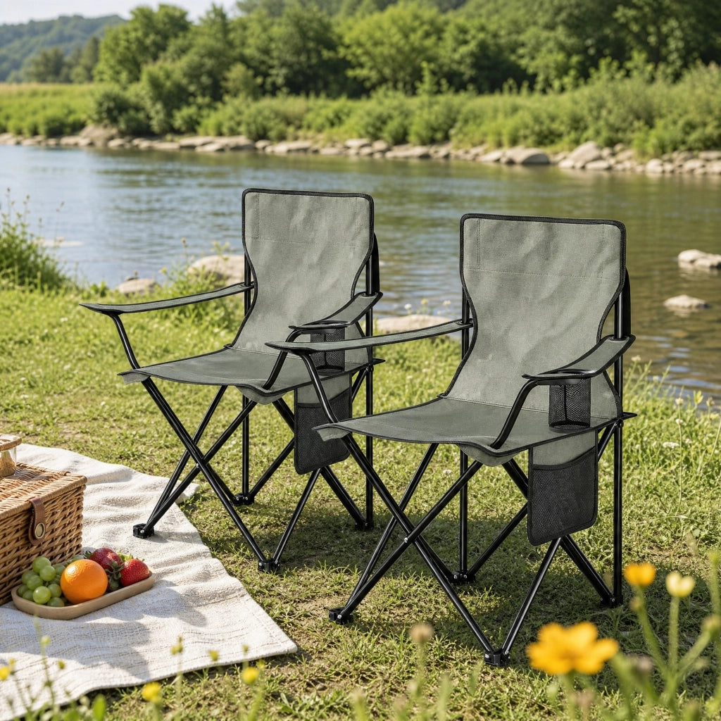 SEDIA da campeggio pieghevole set da 2 pezzi con portabicchieri 47x76x80,5 cm grigio scuro