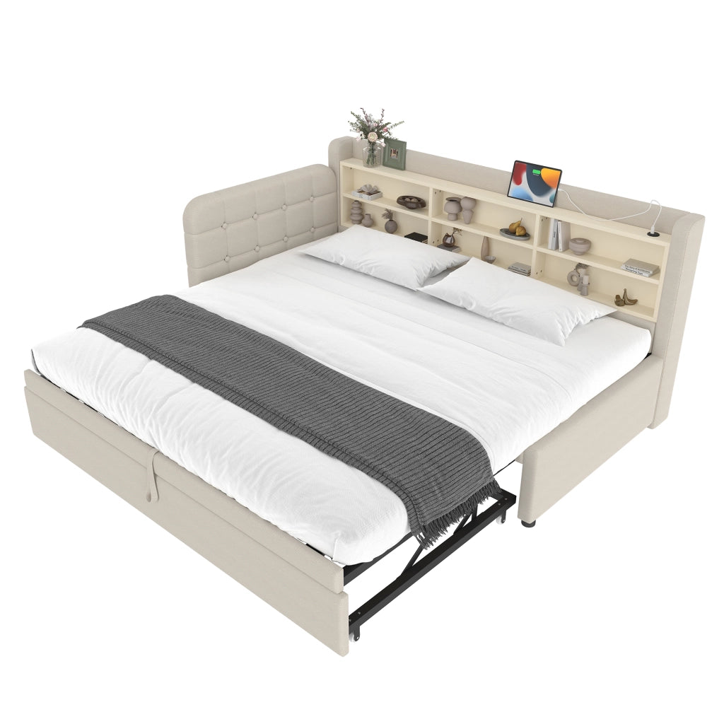 Letto Estraibile 90x200 cm e 180x200 cm; USB e Type-C; con Mensole; in Lino; Beige