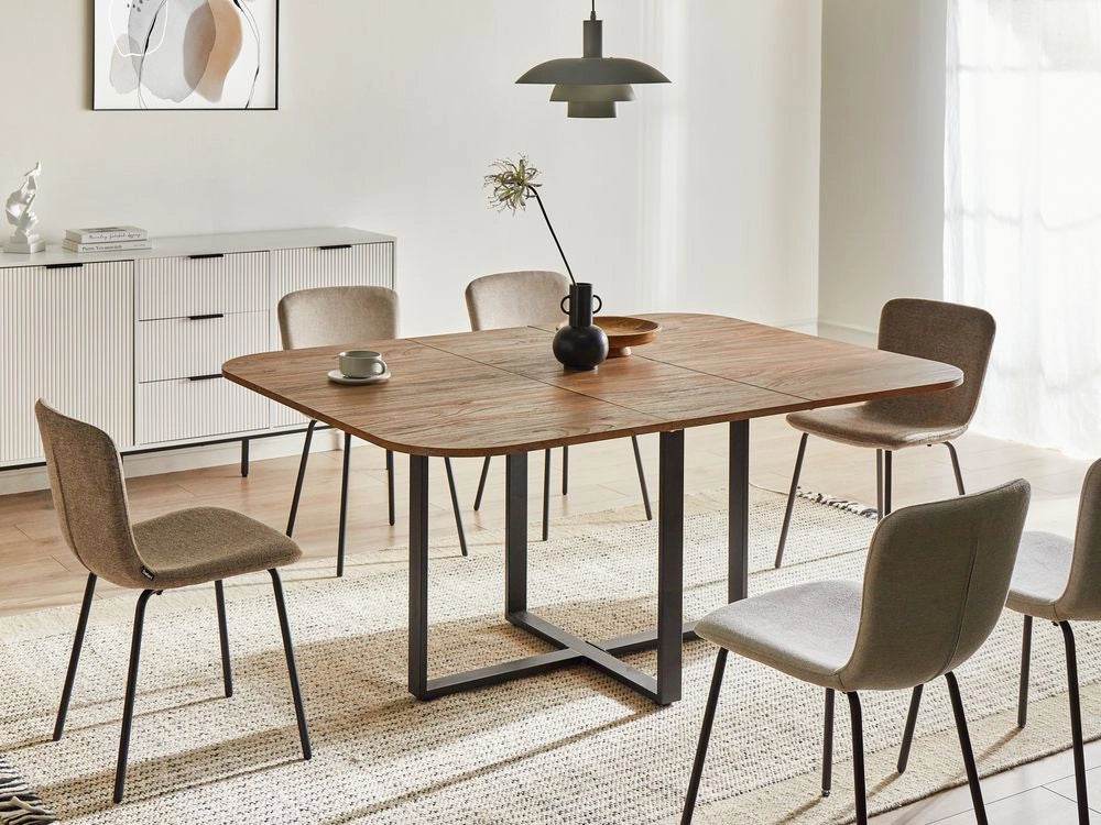 Tavolo da pranzo marrone nero MDF ferro 120/160 x 120 cm moderno quadrato allungabile gambe incrociate a X meccanismo a farfalla