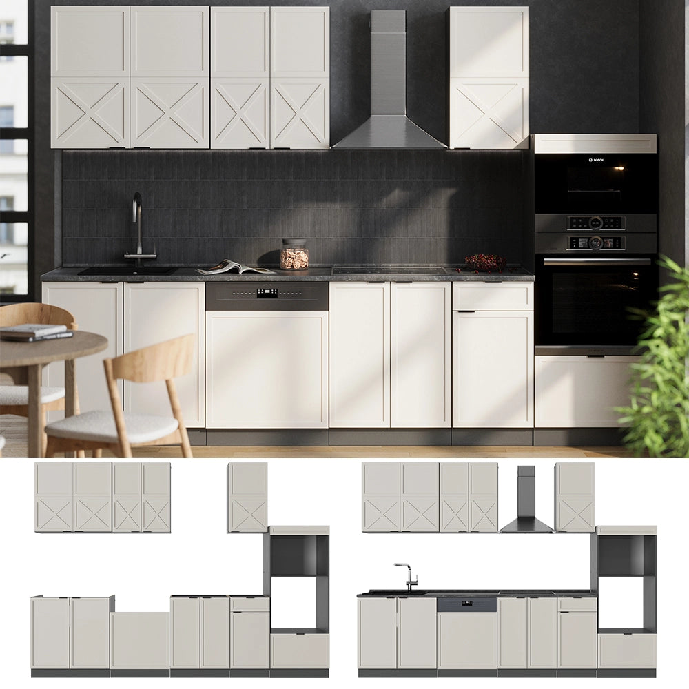 Cucina componibile Fame-Line GrigioBeige/Antracite 300 cm con armadio alto, PL Marmo Vicco