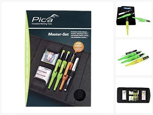 Pica 55010 Set Completo Marcatura per Falegnami 7 Pezzi con Pica-Dry Longlife Automatic Pen Mine Grafite H 2B Rosso Giallo Pica-Ink Deep Hole Marker Pica Classic INSTANT-WHITE Borsa con Chiusura a Velcro colore Multicolore
