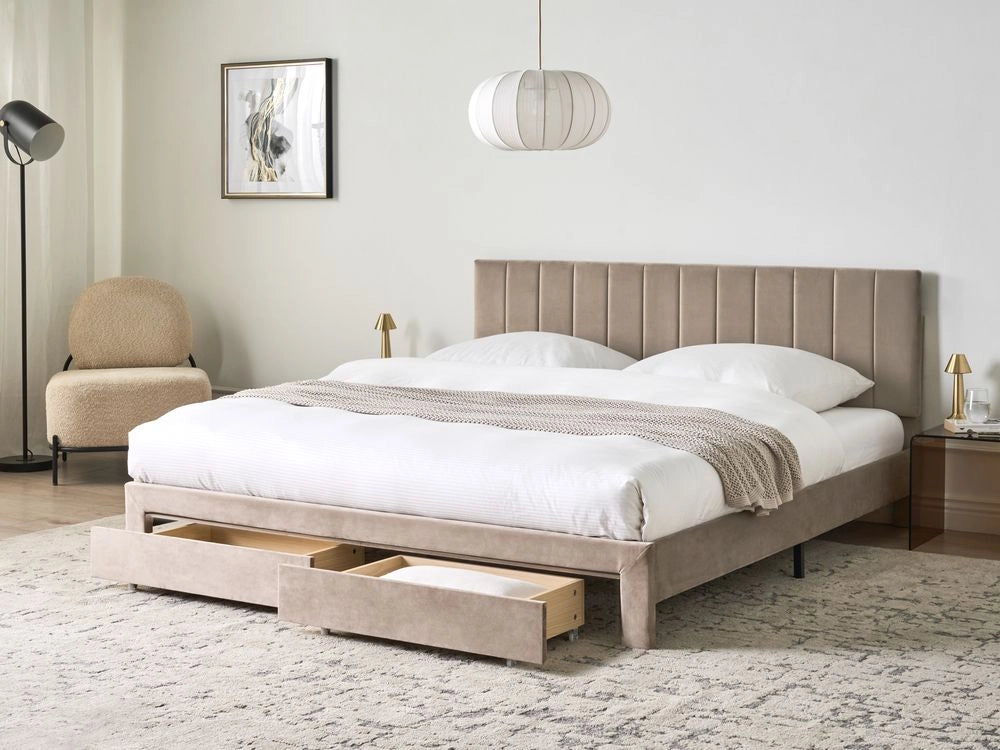Letto matrimoniale 180 x 200 cm Bianco Sporco Rivestimento in velluto 4ft con cassetti Testiera Base a doghe Moderno
