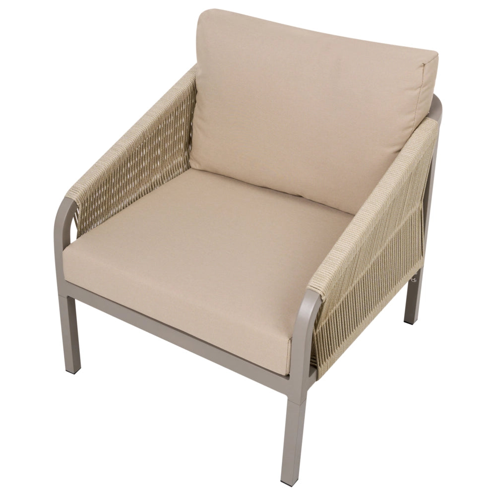 Set di divani da giardino a 5 posti Struttura in metallo beige Divano a 3 posti Poltrone con cuscini Stile moderno