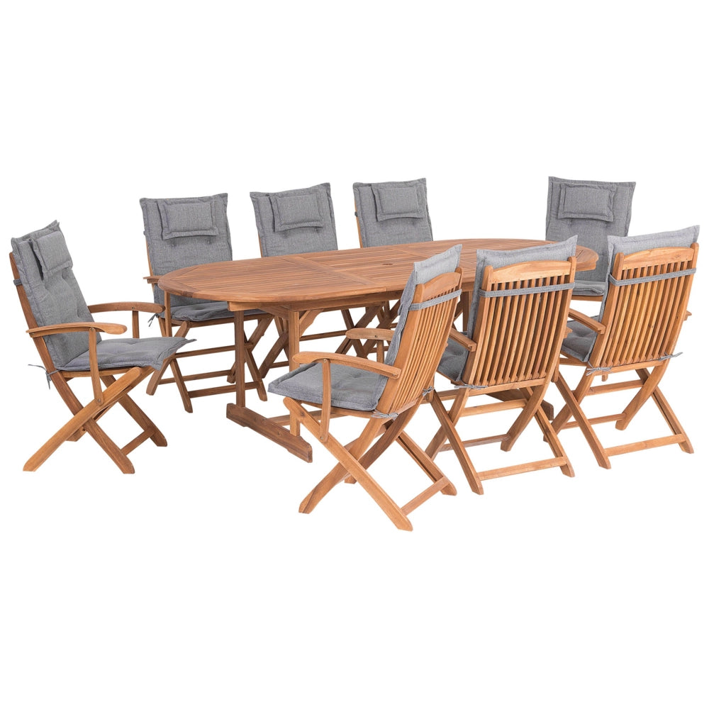 Set da pranzo per esterni in legno di acacia chiaro con cuscini grigi tavolo a 8 posti sedie pieghevoli design rustico