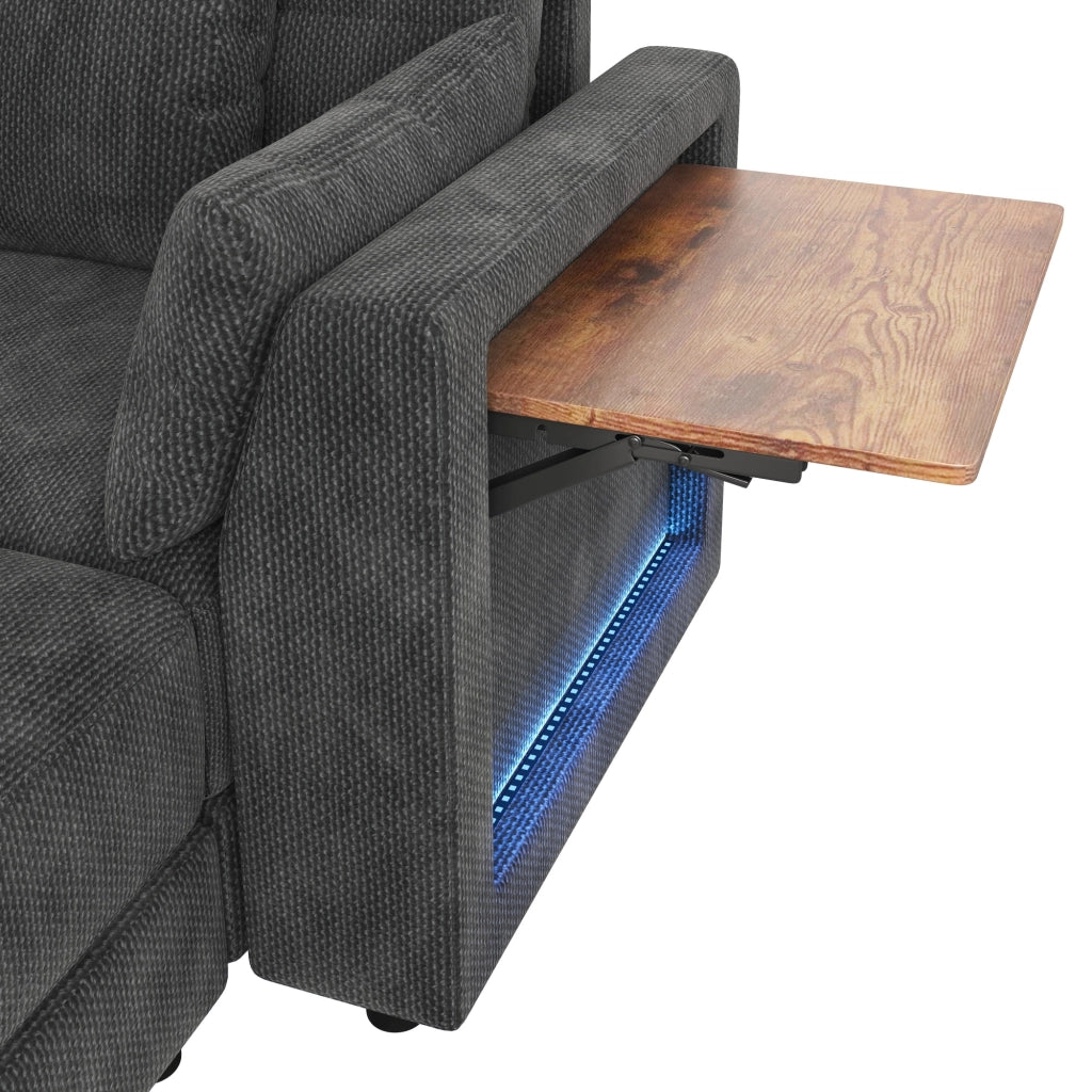 Divano angolare modulare a U e L con 2 pouf mobili, luci LED e tavolino pieghevole, in ciniglia grigio