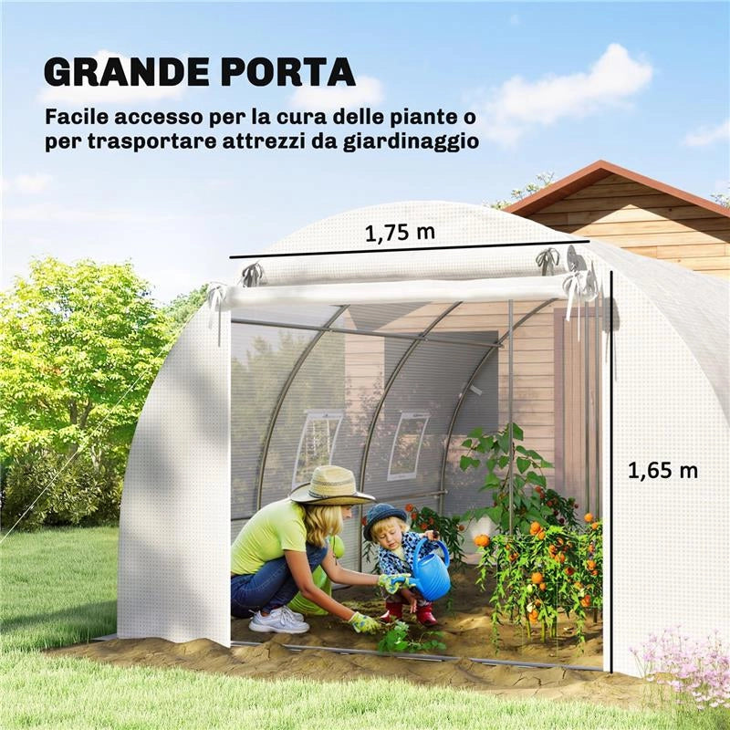 SERRA A TUNNEL CON 2 ASTE RIMOVIBILI E PORTE E FINESTRE A RETE, IN ACCIAIO ZINCATO E PE, 396X300X200 CM, BIANCO