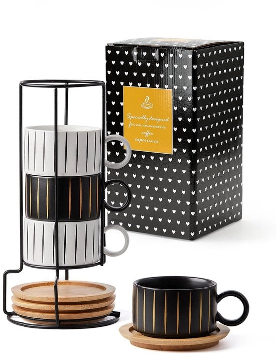 Set di Caffè 4 x 160 ml - Tazze con Piatto - Tazze Eleganti in Ceramica - Design Marmoreo a Strisce - Unico e Artistico