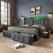 Letto contenitore 160x200 cm con LED; porta USB C e 4 cassetti; tessuto cotone-lino grigio