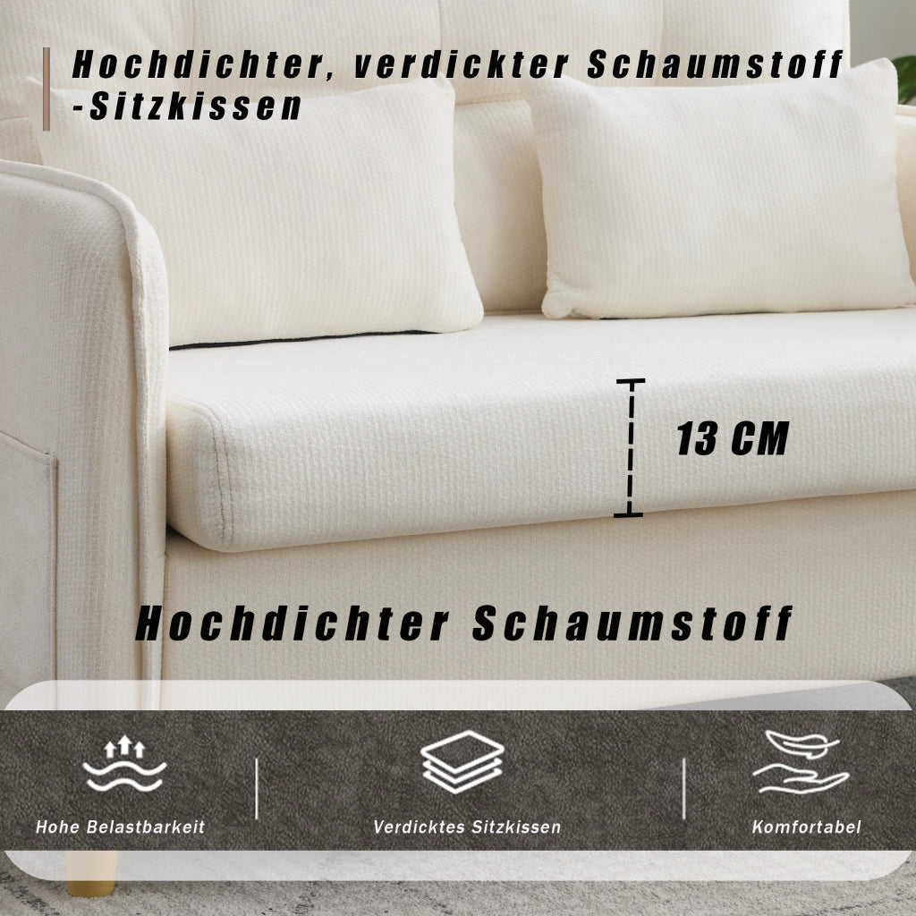 Divano a due posti compatto con braccioli, tasche laterali, schienale ergonomico e struttura in legno beige