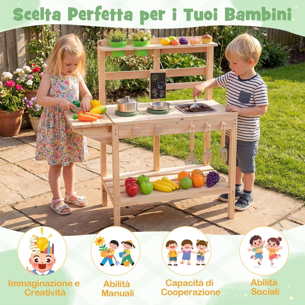Set da Cucina Giocattolo per Bambini, Cucinetta in Legno con Fornelli, Lavello, Manopole Rotanti, Lavagna, Vasi di Fiori e Scaffali Portaoggetti, per Bambini 3+ Anni