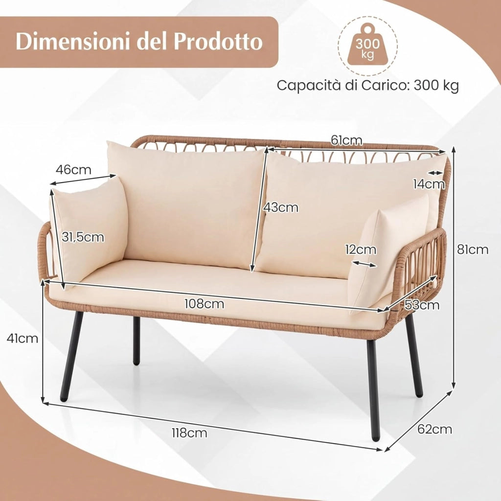 Divanetto da Giardino 2 Posti, Divano da Esterno in Rattan con Cuscini Morbidi e Piedini Regolabili, Portata 300 kg, Panca da Giardino per Terrazza e Bordo Piscina, 118 x 62 x 81 cm