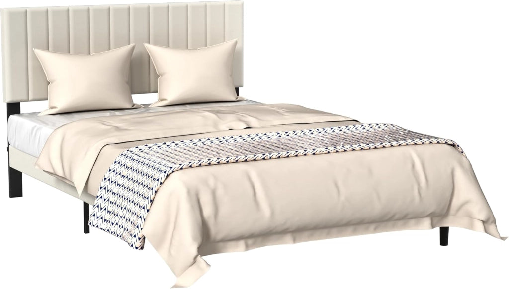 Telaio letto 160 x 200 cm, in metallo con testiera in velluto e rete a doghe, letto per ragazzi, letto matrimoniale, camera degli ospiti, beige