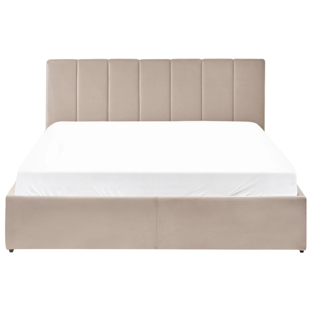 Letto matrimoniale contenitore Rivestimento in velluto beige 160 x 200 cm con testiera a doghe