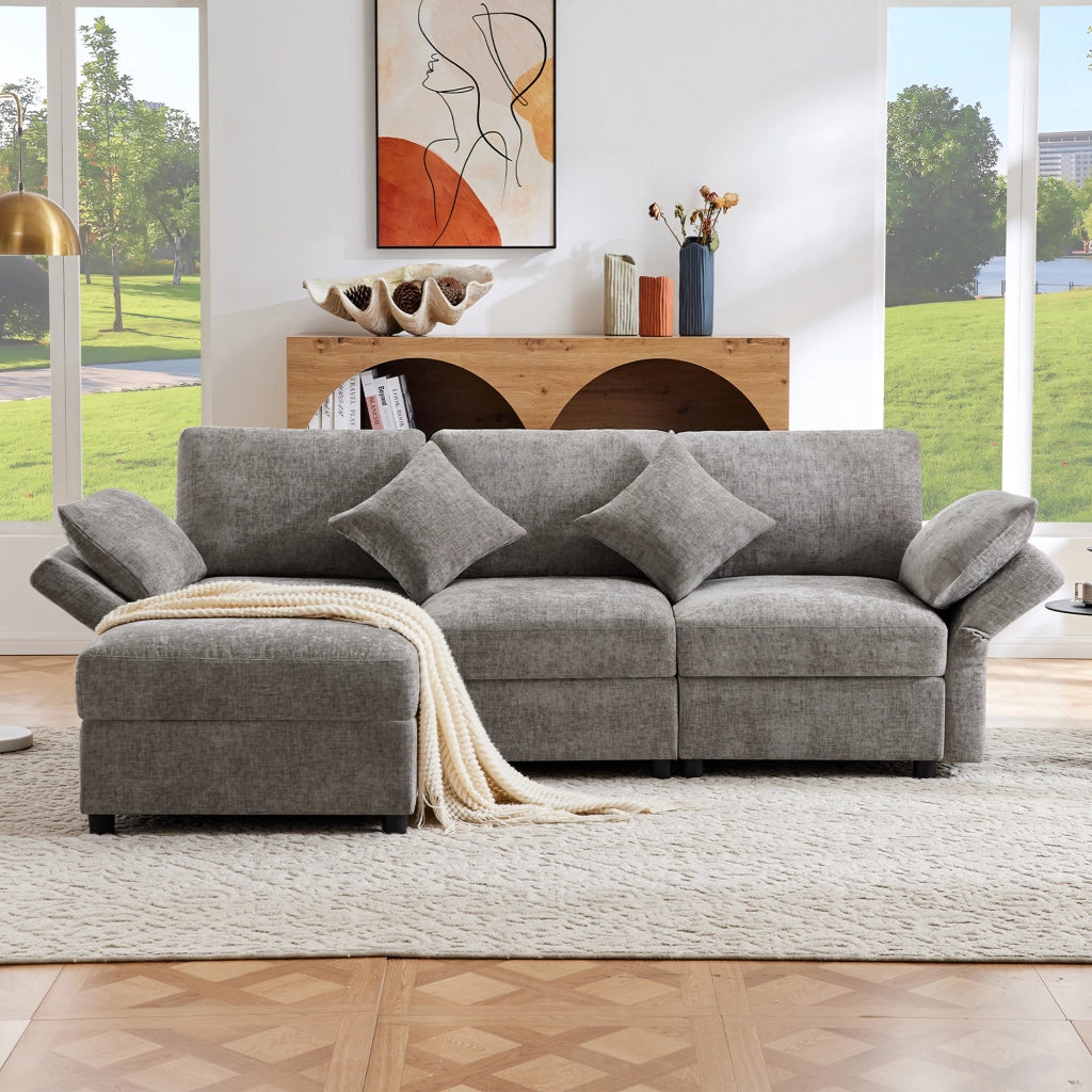 Divano Angolare 3 Posti con Poggiapiedi ¨C Xylo ¨C Grigio, Tessuto Chenille, Cuscini, Braccioli Regolabili