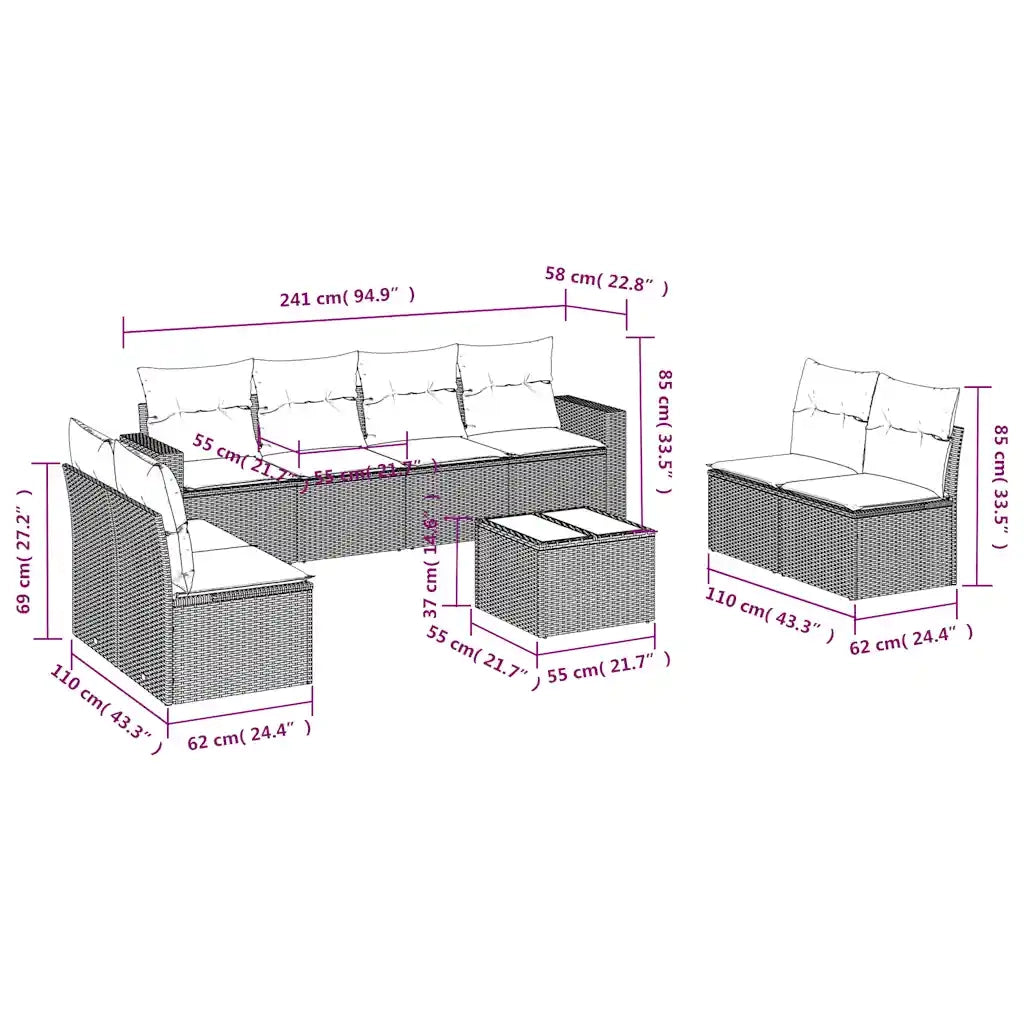 Set Divani da Giardino 9pz con Cuscini Marrone in Polyrattan