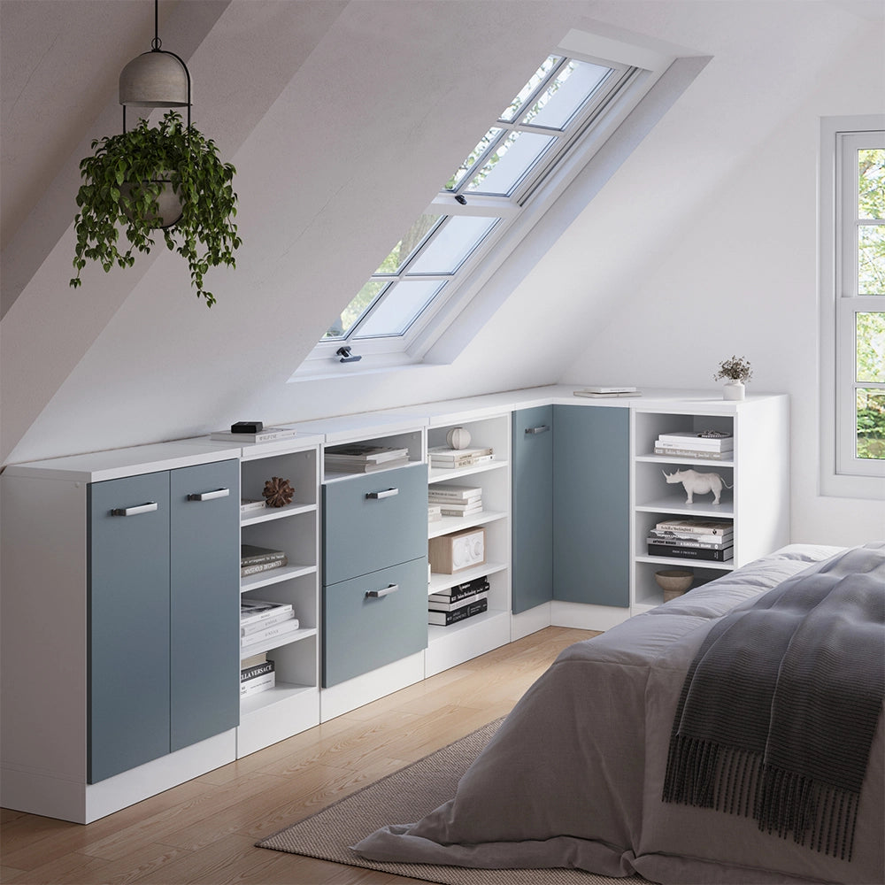 Mobile cucina angolare per sottotetto R-Line Grigio-blu/Bianco 75.6 cm con 1 porta, carcassa dell’armadio profondità 60 cm Vicco