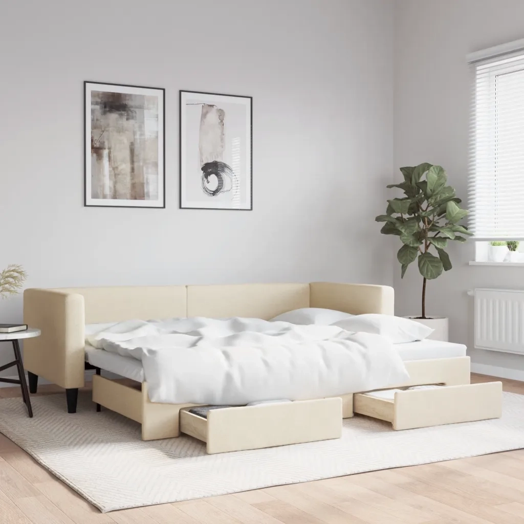 Divano letto | Sof¨¤ letto | Letto singolo Estraibile con Cassetti Crema 80x200 cm in Tessuto