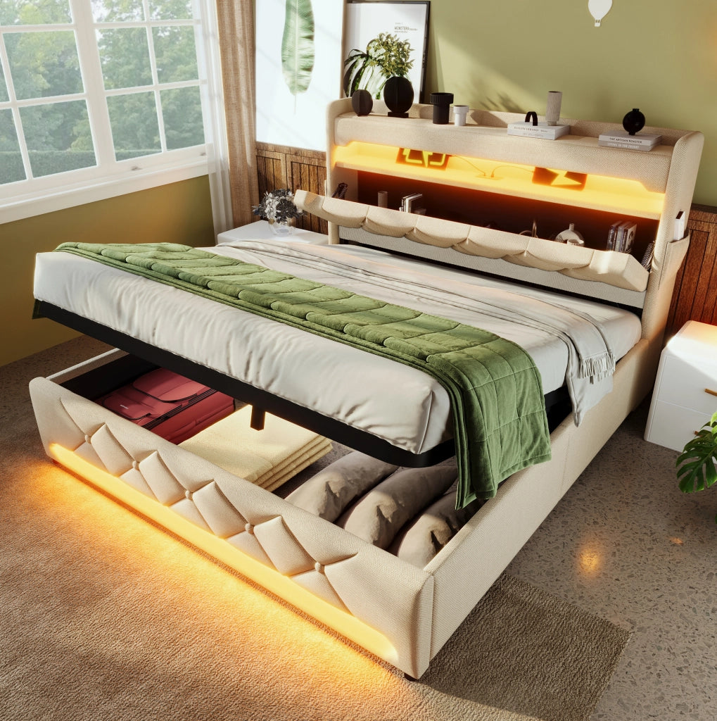 Letto 160x200 cm con contenitore idraulico e LED; lino beige